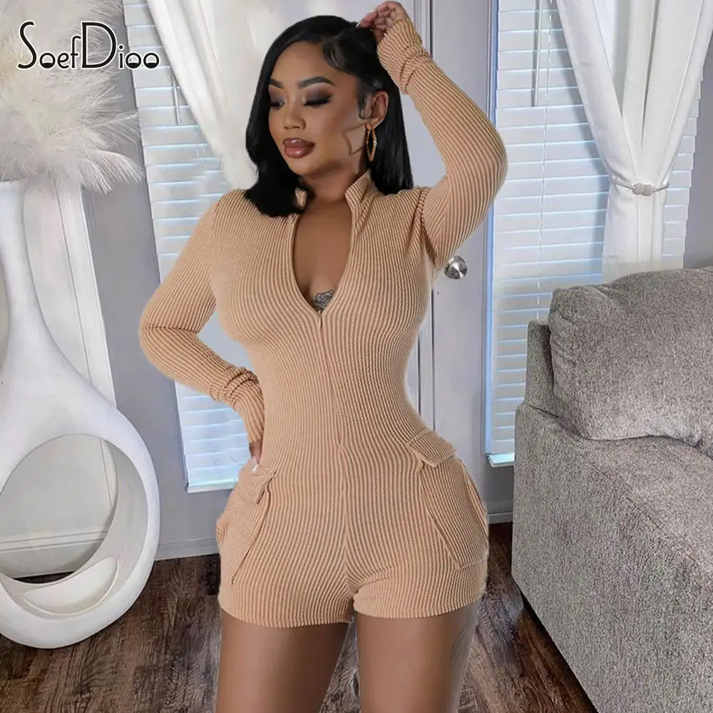 

Soefdioo Knit Ribbed Zipper Fly Pocket Side Long Sleeve Cargo Playsuits Women 2023 Autumn Street Active One Piece Rompes Overall