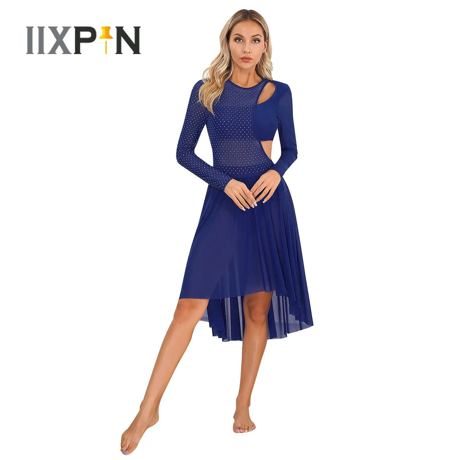 

Womens Lyrical Modern Dance Dress Shiny Rhinestone Sheer Mesh Patchwork Long Sleeve Leotard Dresses Stage Performance Dancewear