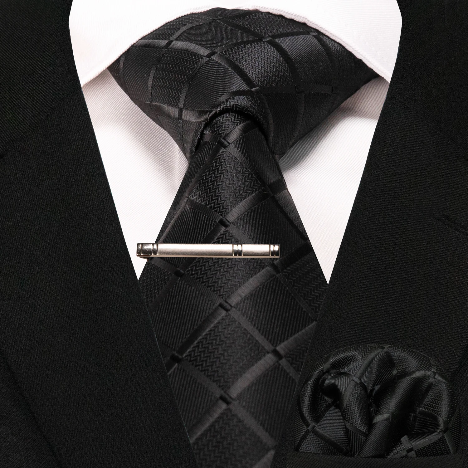 Wine Red Classic Plaid Tie for Men Handkerchief Tie Clips Set Mens Necktie Fashion Business Party Wedding Gift Accessories