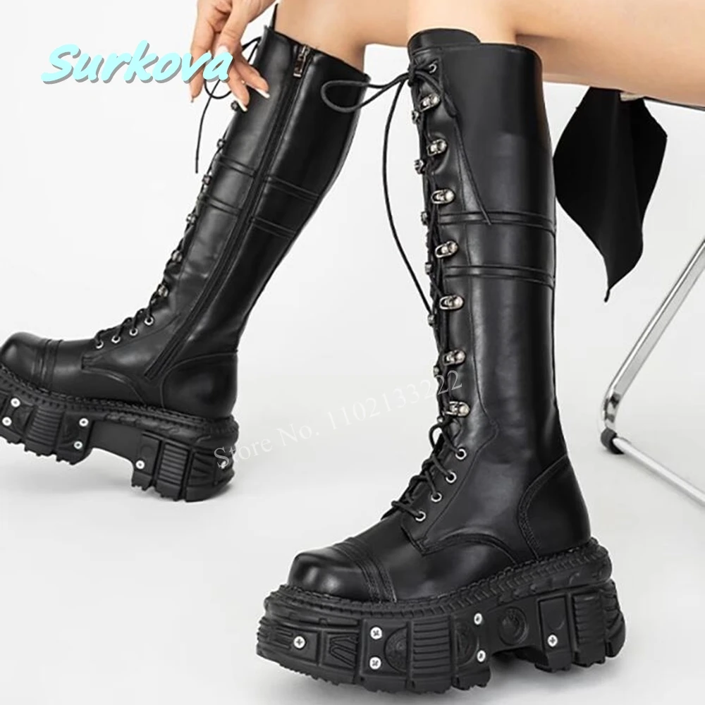 

Women Black Platform Cross Strap Knee Boots Solid Design Autumn Winter Genuine Leather Toe Leisure Zipper Punk Shoes Daily