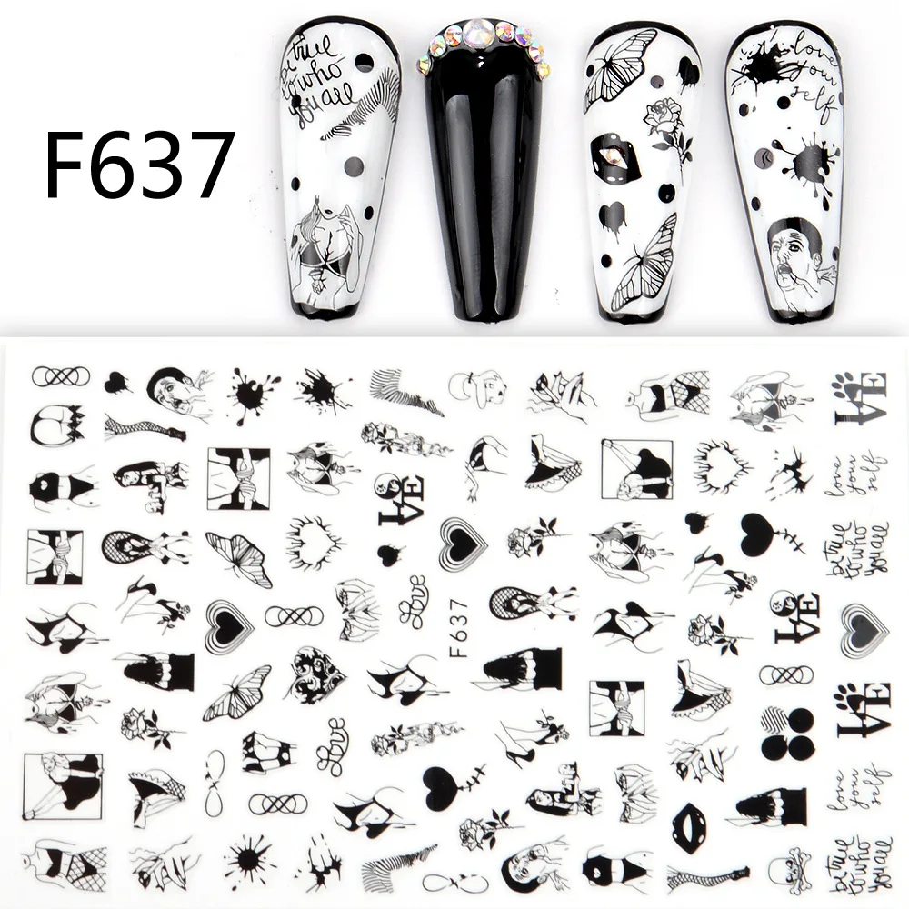 Nail Stickers Black and White Love Flowers Line Art 3D Decals Butterfly Rose Sliders