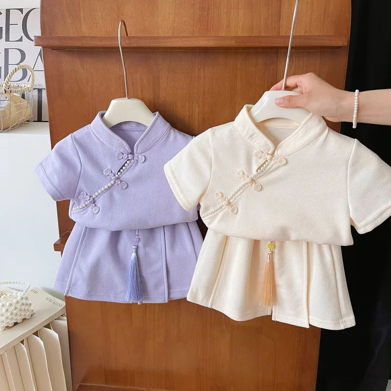 2024Summer New Girls' National Style Short Sleeve Robe Buckle Pants Suit Baby Temperament Twinset24121