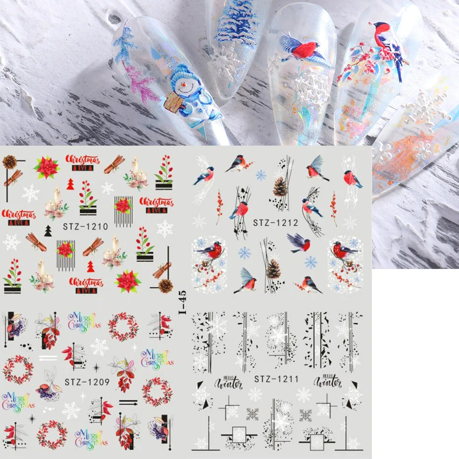 4 In 1 Xmas Flower Nail Stickers Snowflake Cartoon Bird Santa Penguin Elk Winter Decals Slider New Year Decor Manicure SAI44-49 nail stickers nail art decoration nail decals flower stickers
