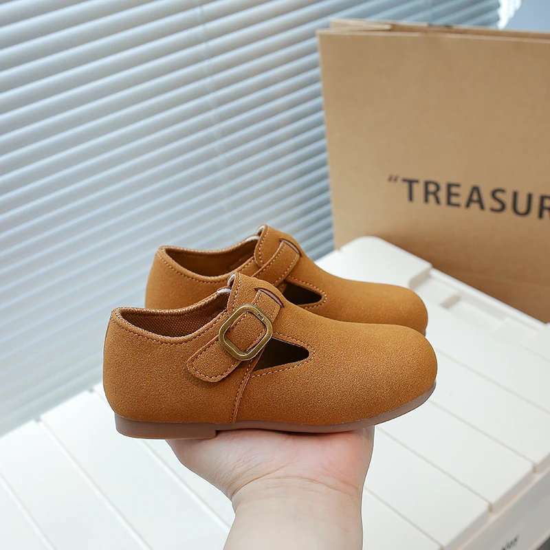 Fashion Children T-starp Fur Leather Shoes Korean Kids Unisex Casual Shoes Toddler Girls Boy Buckle Moccasin Autumn Spring