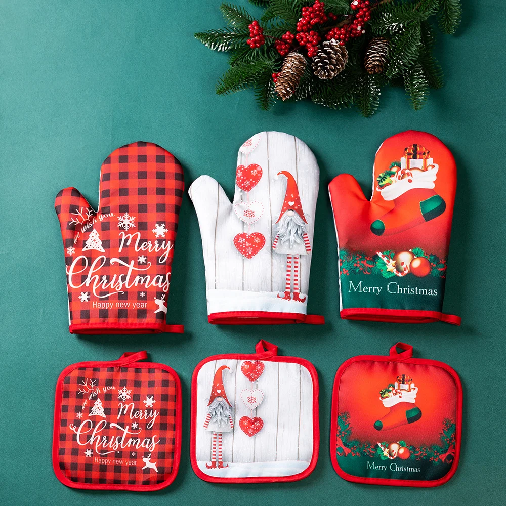 

Kitchen Gloves Heat Resistant Microwave Gloves Pad Set Oven Gloves Tray Dish Bowl Mitts Holder Christmas Cooking Baking Tools