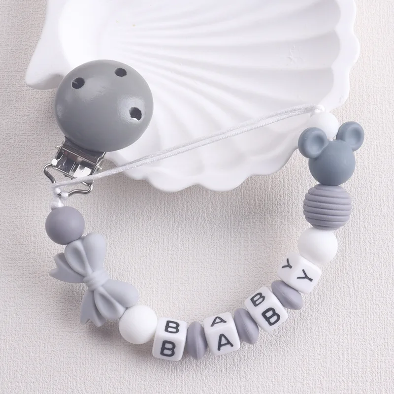 Personalised Name Cute Mouse with Bow Pacifier Chain Alphabet Beaded Baby Soother Holder