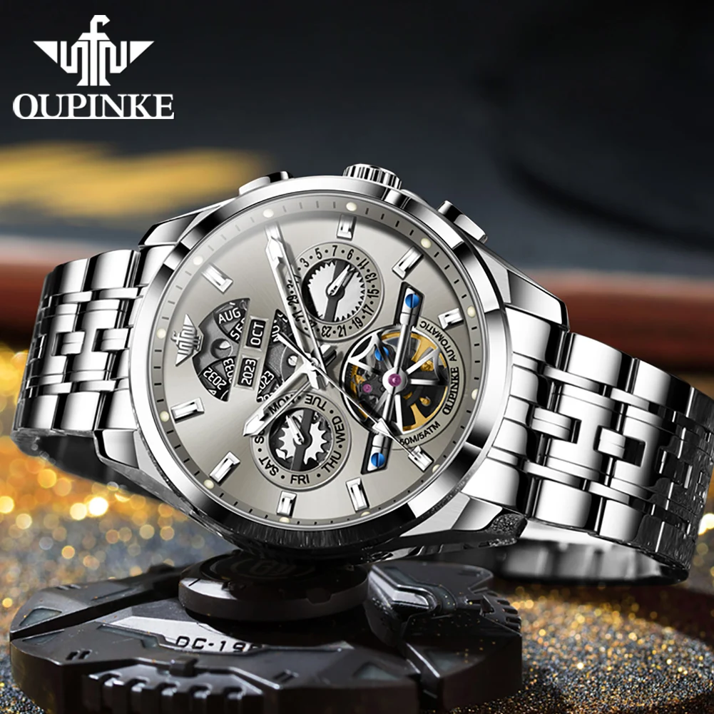 OUPINKE Original New In Men's Automatic Mechancial Watches Luxury Skeleton Classic Business Multi-functional Wristwatch for Men