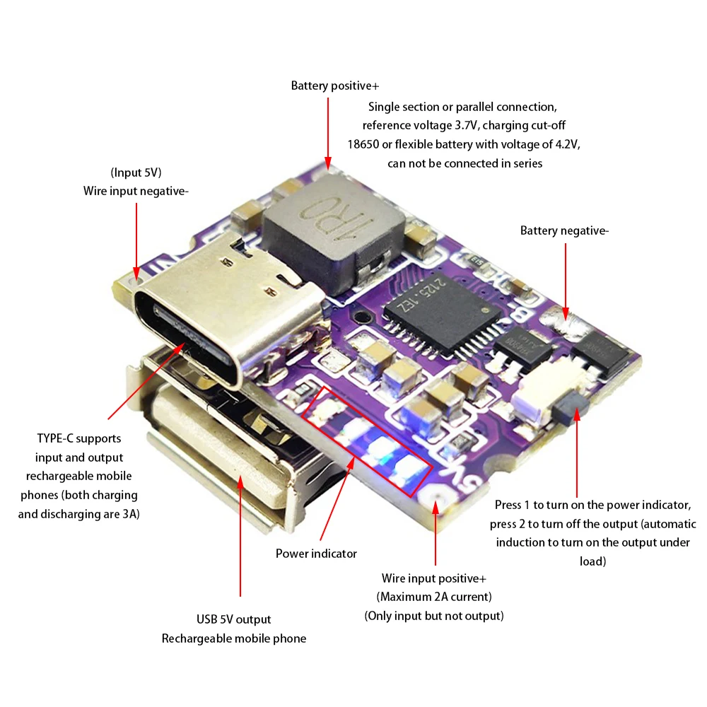 Type-C USB Boost Converter Step-Up Power Module 3A 5V to 4.2V 