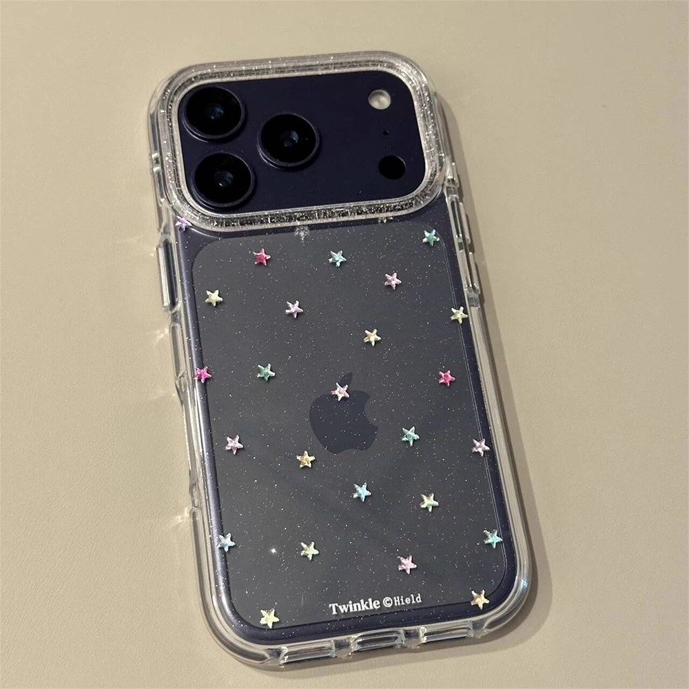 Glitter Shiny Stars Imd Transparent Back Cover for Iphone 17 16 Pro Max 13 14 15 Promax Ins Protector Shockproof Phone Case 6