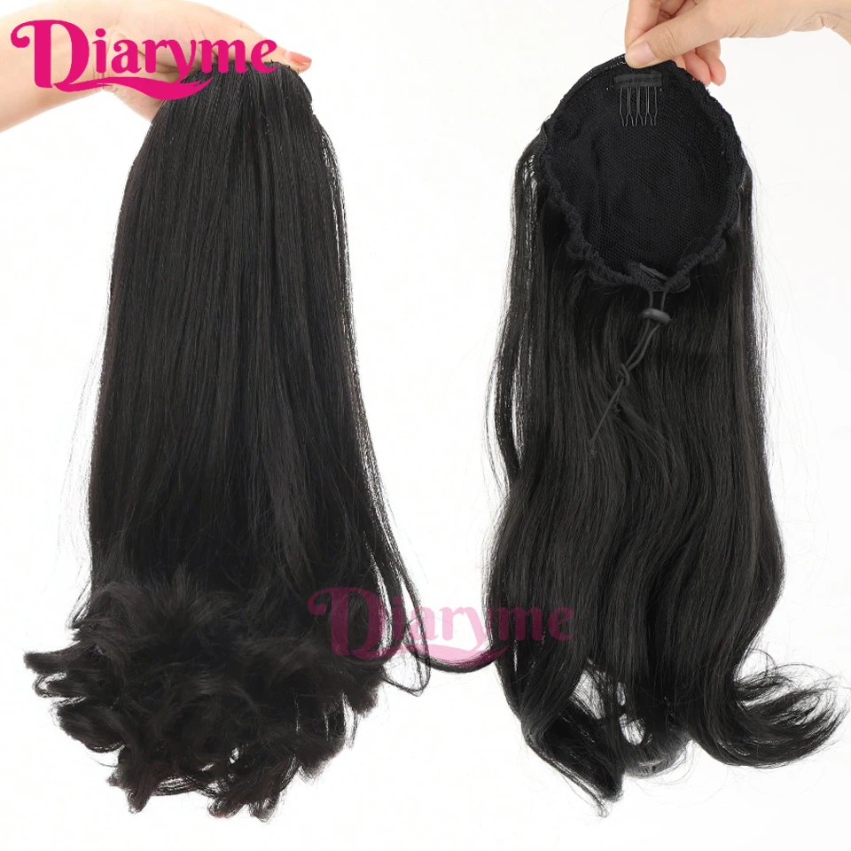 Tail Warping Synthetic 16" Kinky Straight Hairpiece With Two Combs Drawstring Ponytail Hair Extension Natural Black Clip-in pony
