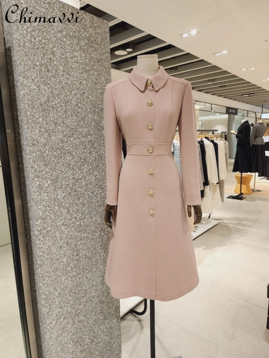 

2024 Spring Autumn New Fashion Commuter Bottoming Dress High Waist Elegant Slim Single-Breasted Long Sleeve A- Line Dress Women