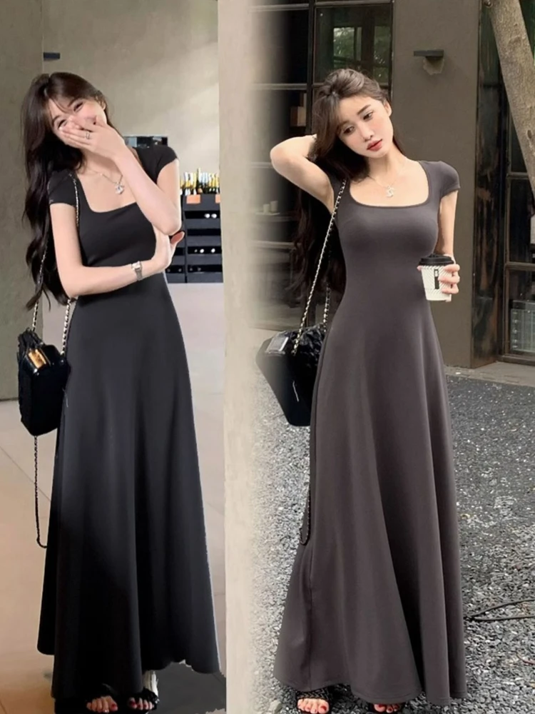 

PTKPCC 2024 Summer New Waist-fitted Elegant French Style Women's Grey Short Sleeve Tank Dress Long Dress Sexy Dress