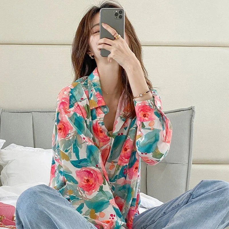 Autumn Fashion Printing Turn-down Collar Long Sleeve Shirts Spring Fashionable Buttons Blouse Femme Temperament Floral Top Tee