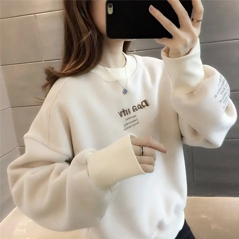 Women's Autumn Winter New Fashion Elegant Round Neck Long Sleeve Pullover Solid Color Sweatshirt Casual Loose Western Style Tops