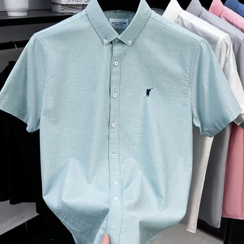 Solid Color Cotton Embroidered Small Horse Logo Shirt, Men's Short Sleeved Casual Versatile High-end Spring and Autumn Shirt