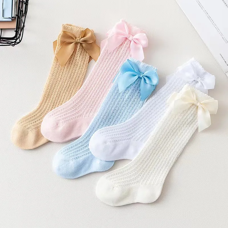 Summer Ultra-thin Mesh Socks Baby Girl Mosquito Resistant Knee Sock Cute Newborn Pink Bow Hollow Cotton baby socks kids socks cotton socks girls socks