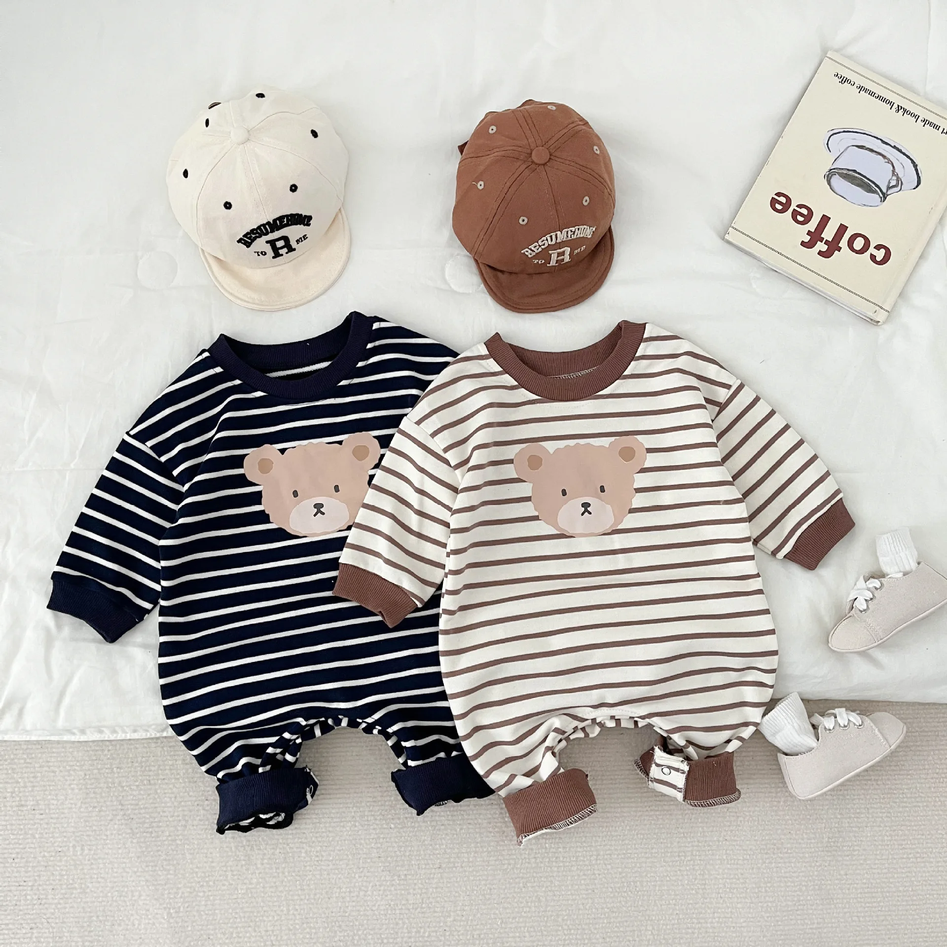 

Jenny&Dave Super cute baby clothes for outdoor spring and autumn, striped teddy bear jumpsuit for boys and girls, long sleeved K