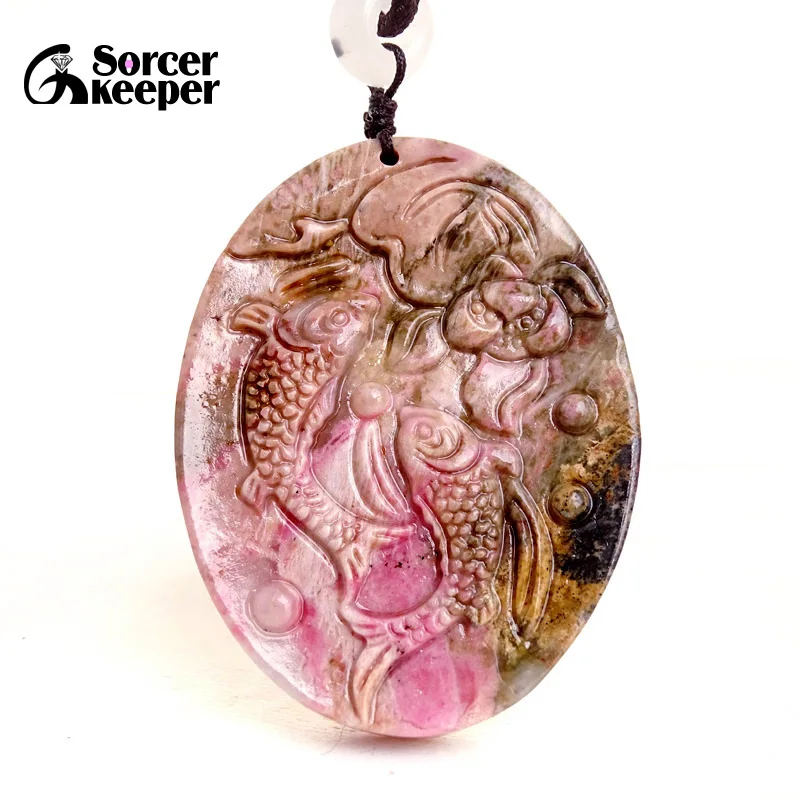 

Natural Rhodonite Jade Stone for Women High Quality Hand Carving Fish Pendant Necklace Fashion Rope Chain Lucky Jewelry BI434