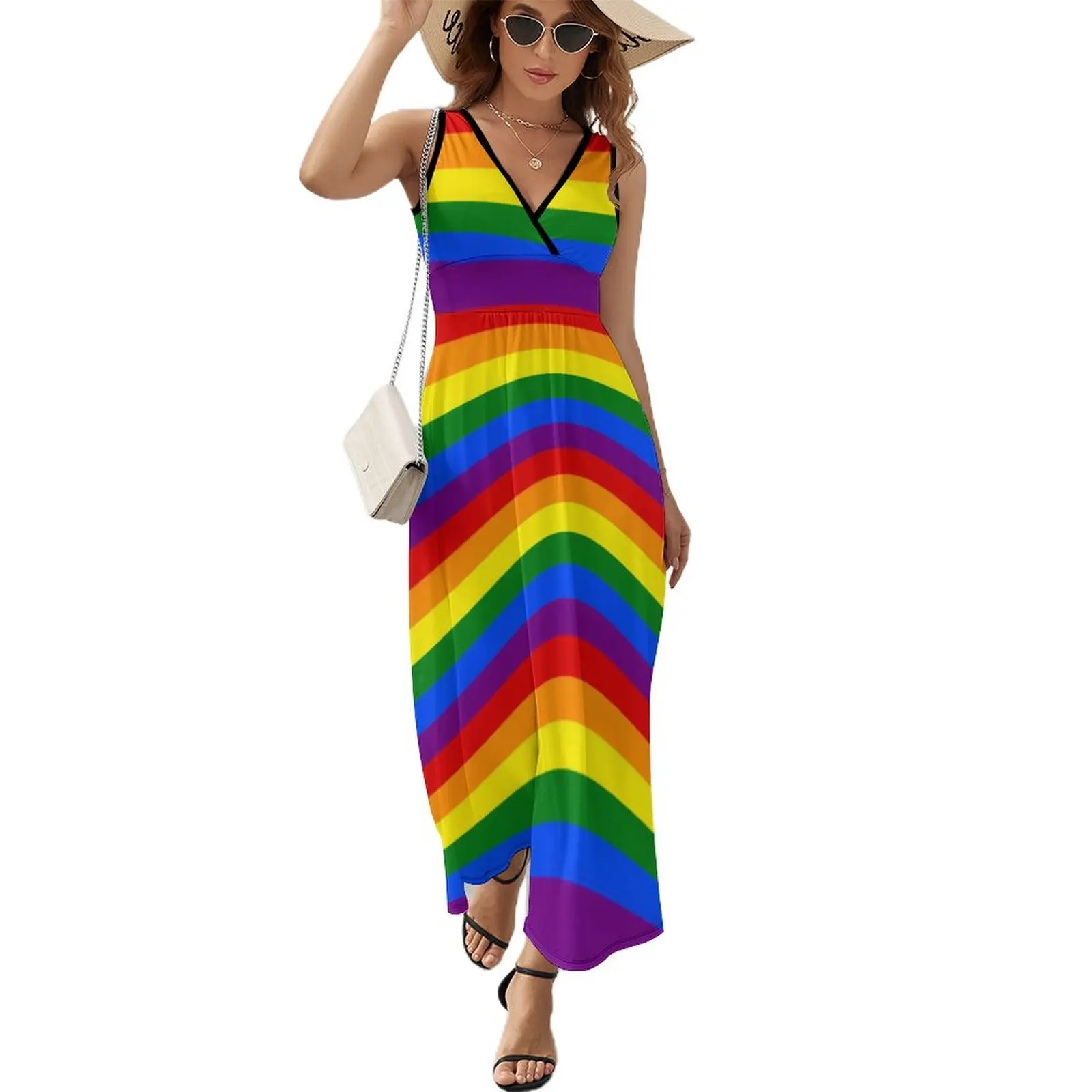 

Colorful Rainbow Flag Dress Gay Pride LGBT Modern Pattern Beach Bohemia Long Dresses V Neck Printed Maxi Dress Vestido Oversized