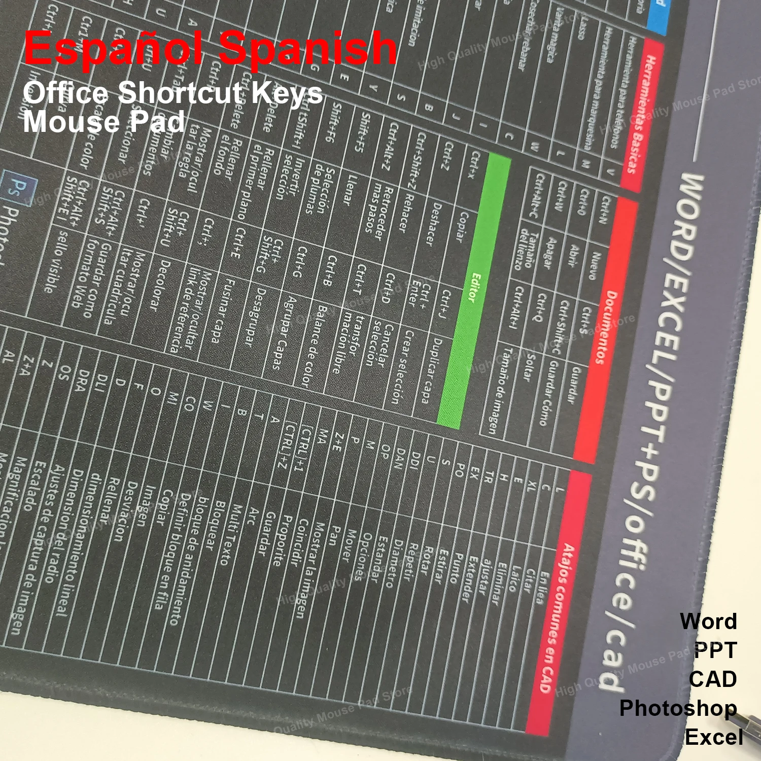 Espa&ntilde;ol Spanish Shortcut Keys Large Mouse Pad Office Long Keyborad Desk Mat Word PPT CAD Photoshop Excel Cheat Sheet Mousepad