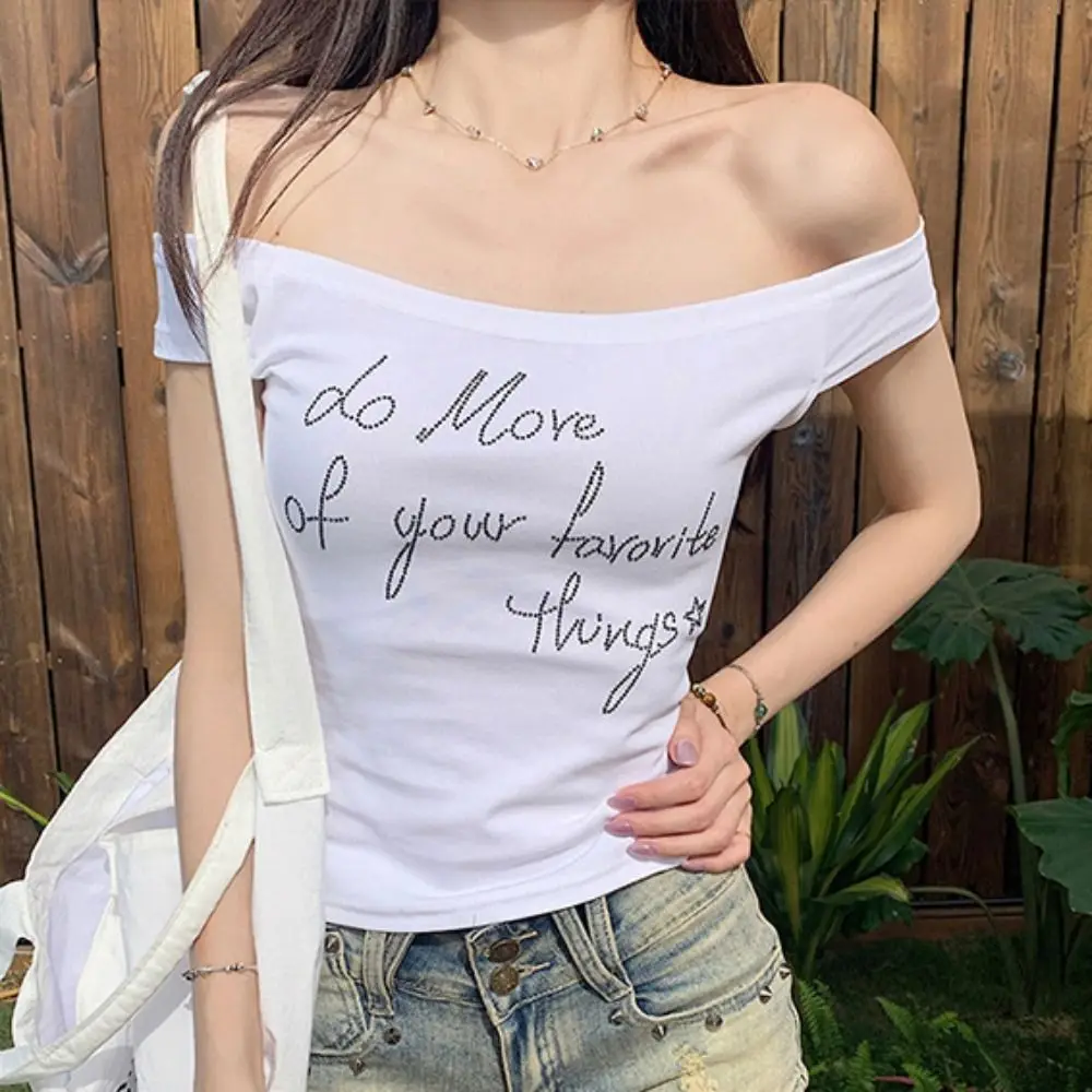 All-match Ins Off Shoulder Crop Top Sweet Slim Fit Rhinestone T-shirt Female Clothing Bottoming Shirt Women Female