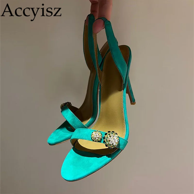

Runway Thin High Heels Women Kid Suede Sandals Summer Narrow Band Rhinestone Decor Back Strap Sandalias Sexy Party Dress Shoes