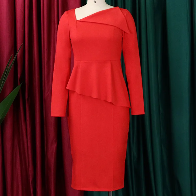 Evening Party Solid Color Long Sleeve Pencil Skirt Autumn Elegant Oblique Collar Patchwork Zipper Plus Size Slim Dress for Women