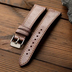 Premium Handmade Italian Waxed Leather Strap - Retro Style in Soft Cowhide革 - 22mm (A silver buckle)