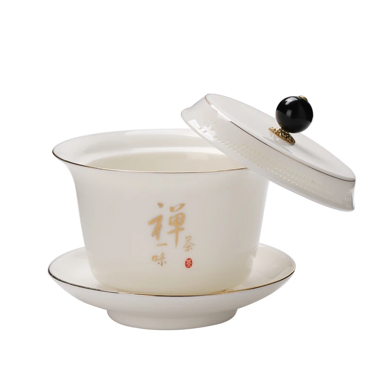 Sheep Fat Jade Covered Bowl 360 Degree Outflow Tea Filter Bowl Household White Porcelain Kung Fu Tea Bowl Ceramic Teacup