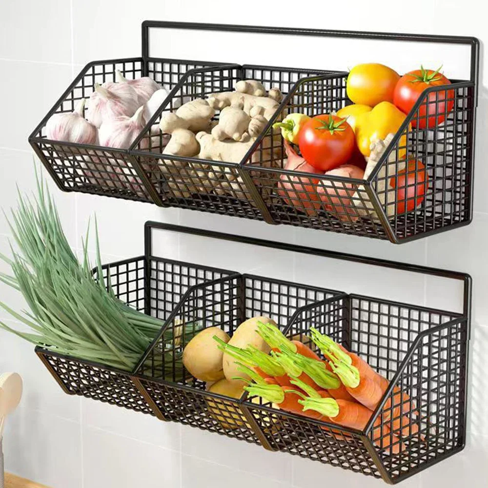 Kitchen Wall Mounted Storage Rack Vegetables Fruits Holder Onion Garlic ...
