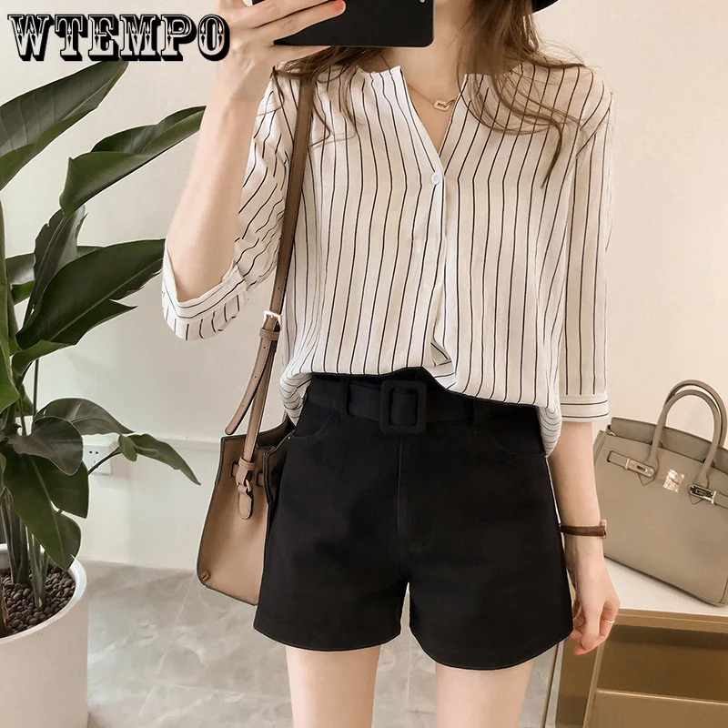 

WTEMPO Vintage Striped Shirt Women Oversized 7/4 Sleeve Loose Casual Shirt Fashion StreetWear Female Top Blouse Women 2023
