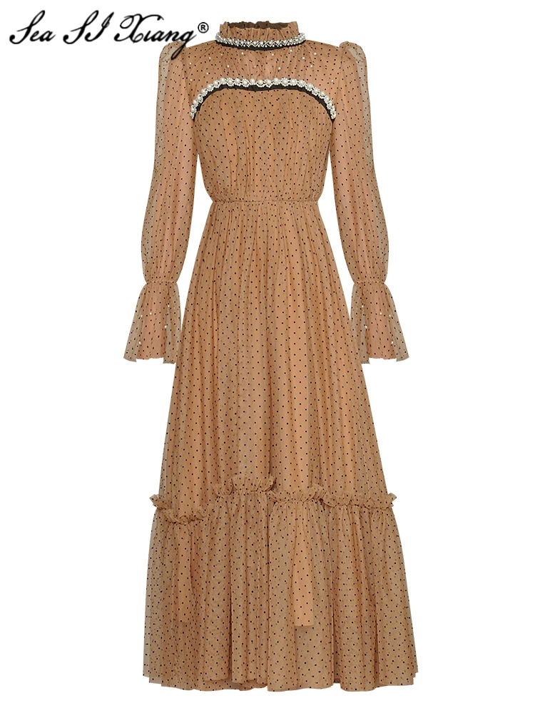 

Seasixiang Fashion Designer Spring Summer Women Dress Stand Collar Beading Flare Sleeve Ruffle Dot Vintage Midi Dresses