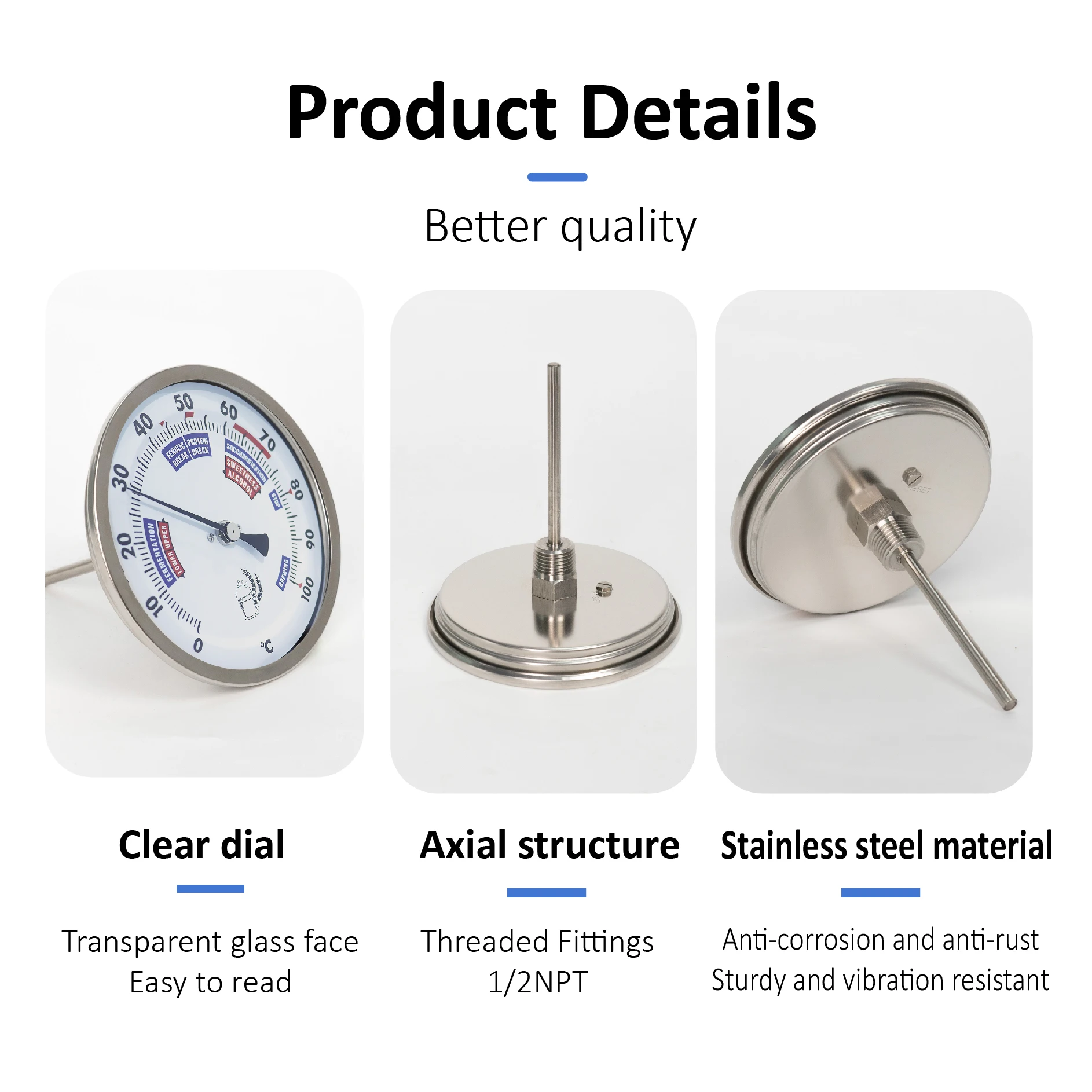 Stainless Steel Dial Bimetal Probe Thermometer Household Boiler Brewing Distilled Water Alcohol Thermometer Accessories 3
