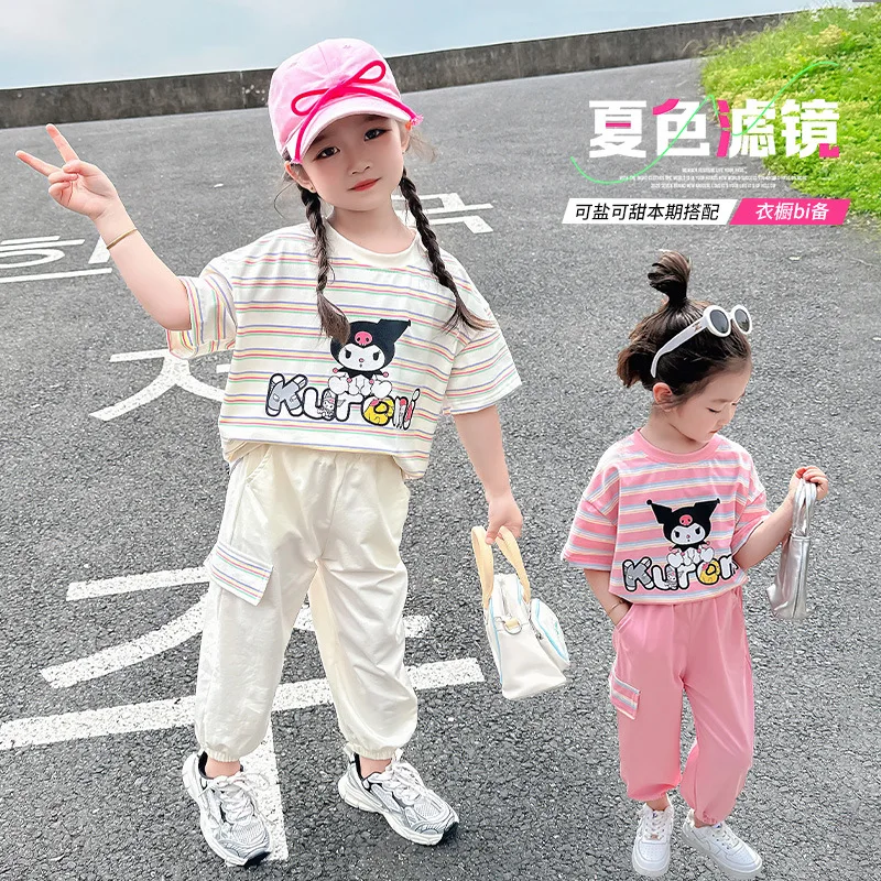 

Детские футболки с коротким рукавом и брюки Kuromi, милые аниме полосатые топы с санриовым принтом, летняя Милая Одежда для девочек, подарок для детей, 2024