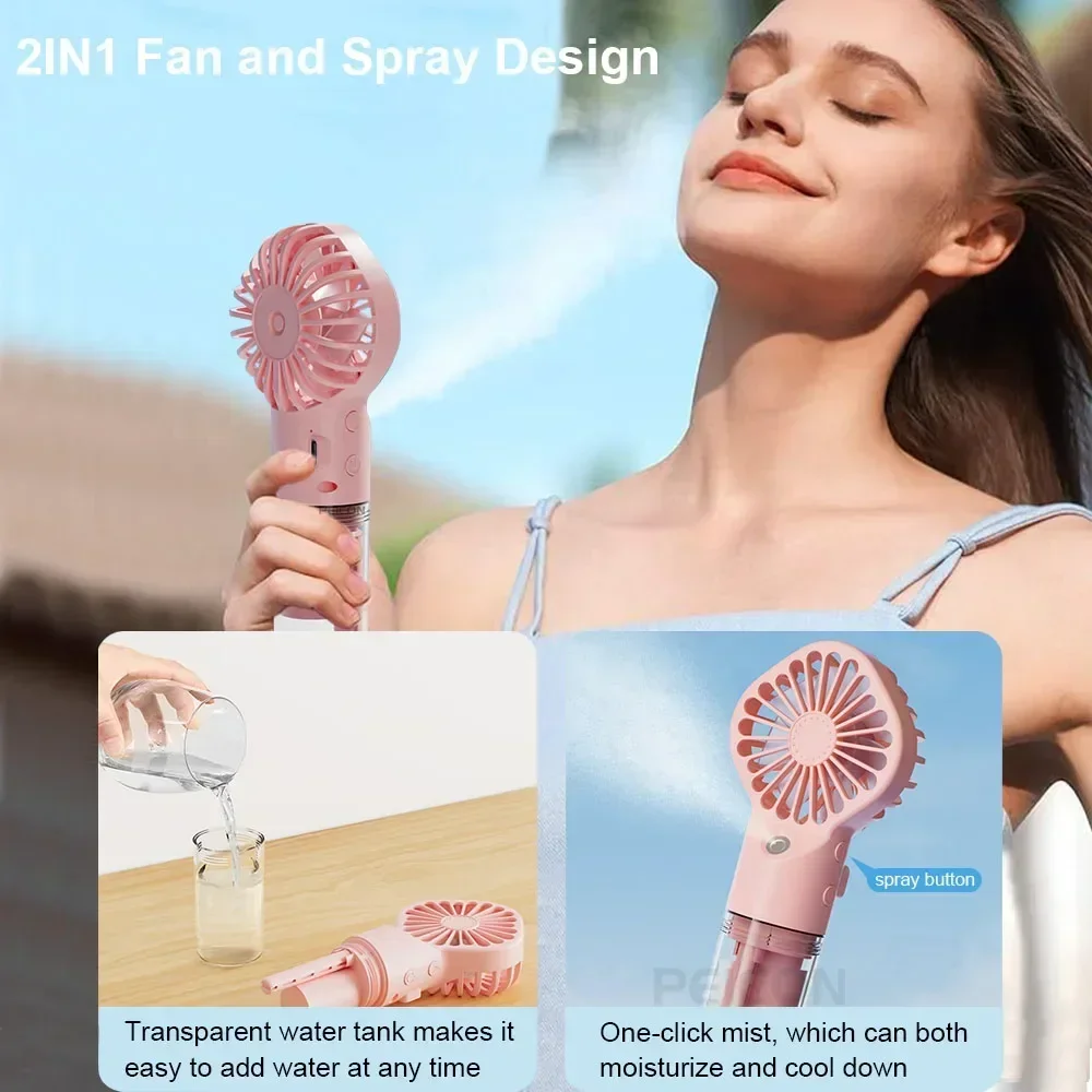 Portable Handheld Spray Fan Mini Humidifier Fan 4 Speeds Powerful Wind USB Rechargeable Water Spray Mist Fan Outdoor Small Fan