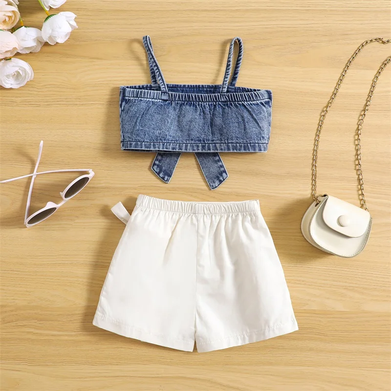 

Kids Girls Summer Outfit Solid Color Sleeveless Bow Denim Camisole and Elastic Casual Skirt Shorts 2-piece Set