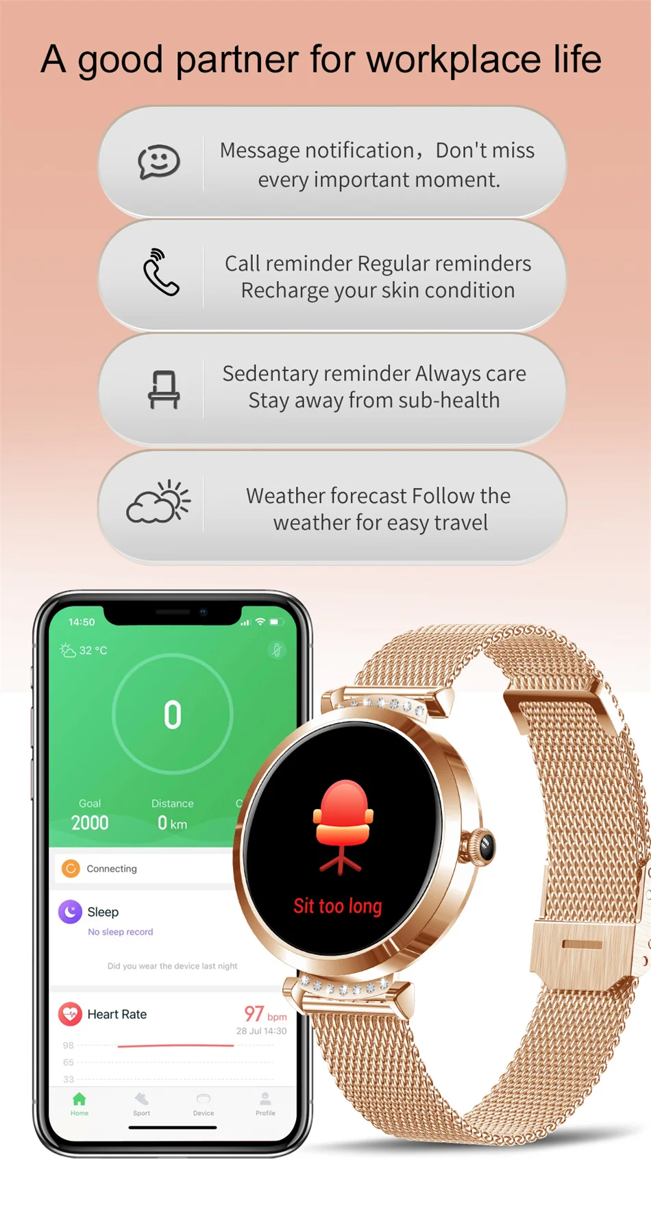 2022 New Smart Watch Women Heart Rate Health Monitoring Sport Fitness Tracker IP68 Waterproof Smart Alarm Clock Smartwatch Ladie