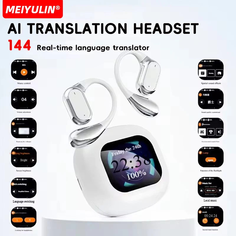 Wireless BT 144 Real-time Language Translators Headphones Bluetooth Ear Hanging Translator Earphones for Travel Business Earbuds