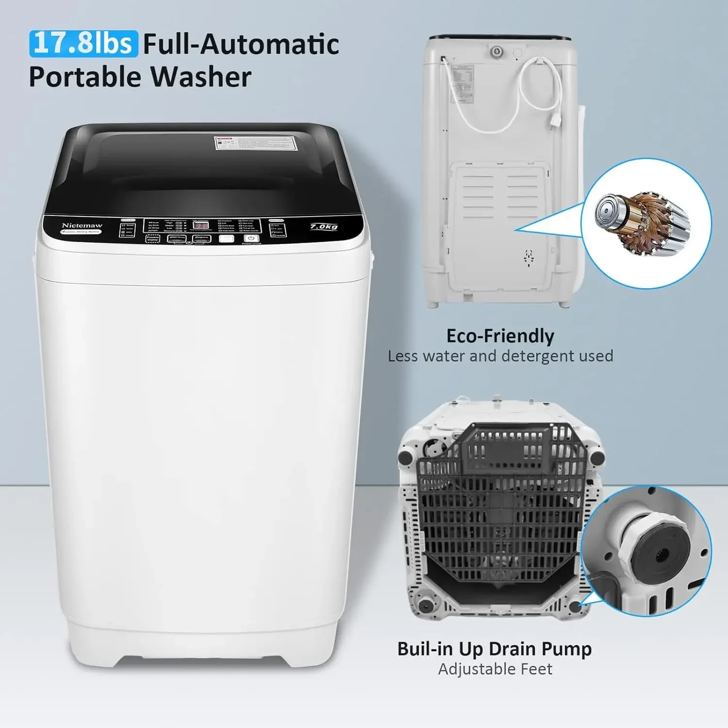 Portable Washing Machine 17.8Lbs Capacity Portable Washer 2.3 Cu.ft Full-Automatic Compact Laundry Washer With Drain Pump 3