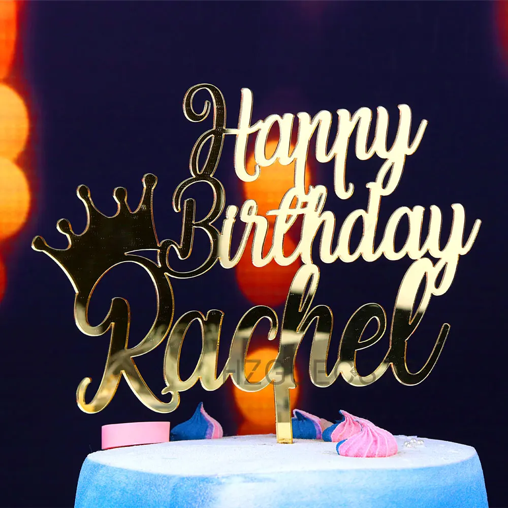 Cake Topper Personalized Happy Birthday Crown Cake Topper For Girls Boys Acrylic Gold Mirror Birthday Party Decor