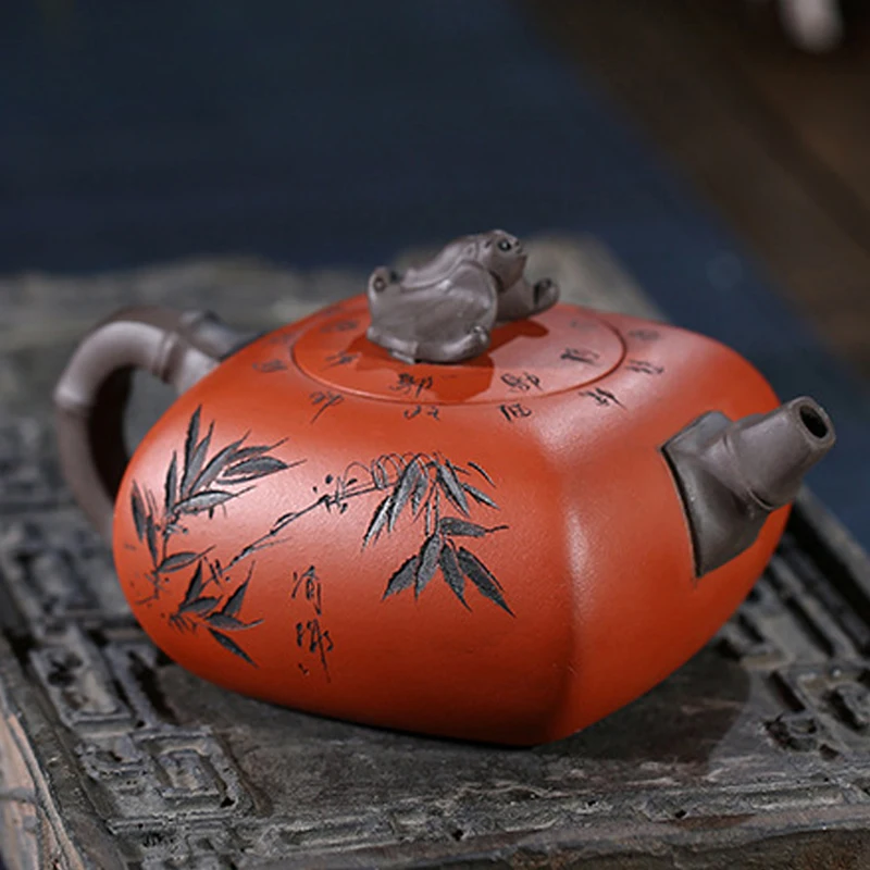 Chinese Style Square Shape Teapot, Purple Clay Raw ore Dahongpao, Kung Fu Household, Pure Handmade, 380cc, Tea Pots, 1Pc