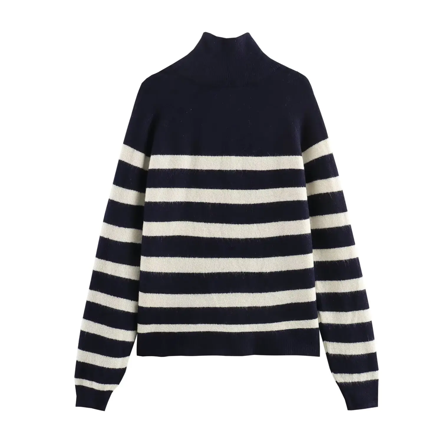 

Withered With Blue Stripe Zipper Casual Winter Sweater Knitwear Women Tops Retro Pullover Fashion Women's