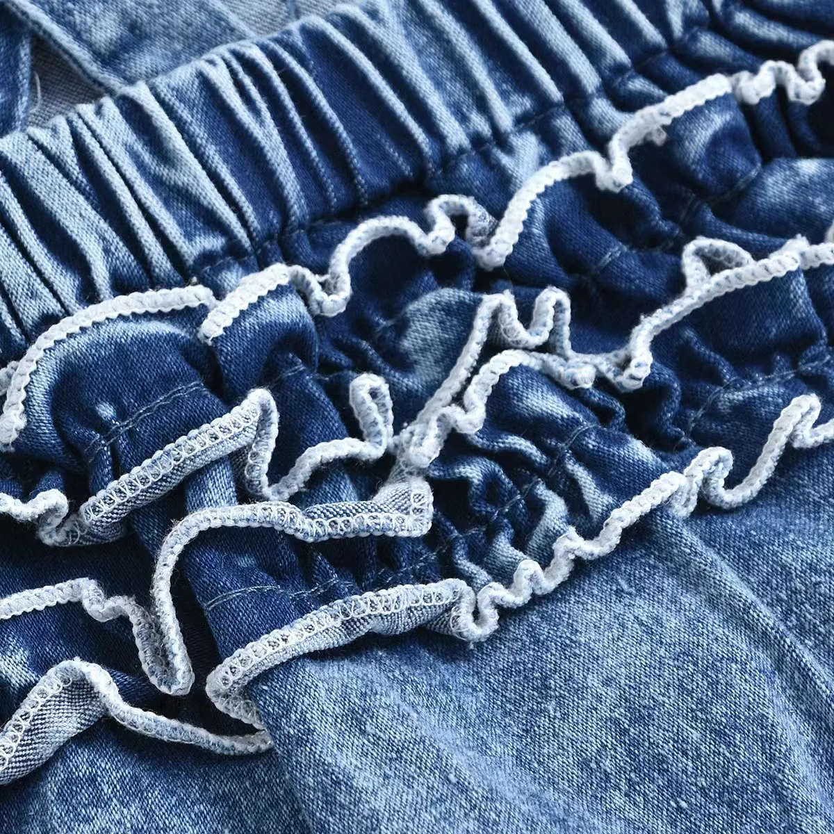 Cotton romper trendy denim shirred trim sleeveless baby girls jumpsuit infant newborn summer clothing