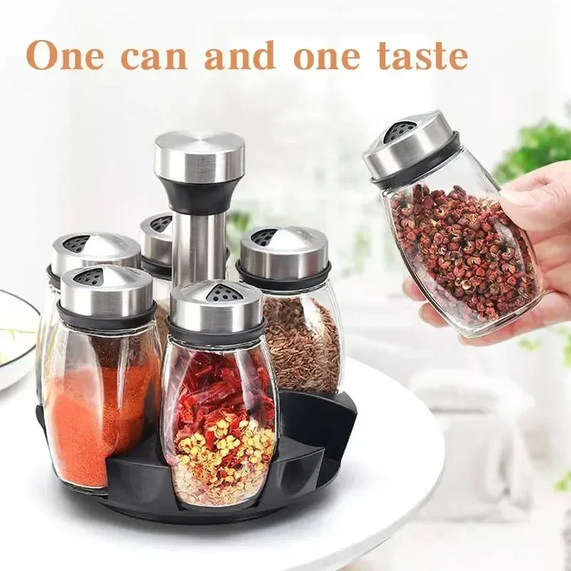 Seasoning Jar Spices Bottle Kitchen Rotating Spice Bottle Set Glass Material Seasoning Salt Sugar Pepper Storage Bottle Kitchen Spice Rack