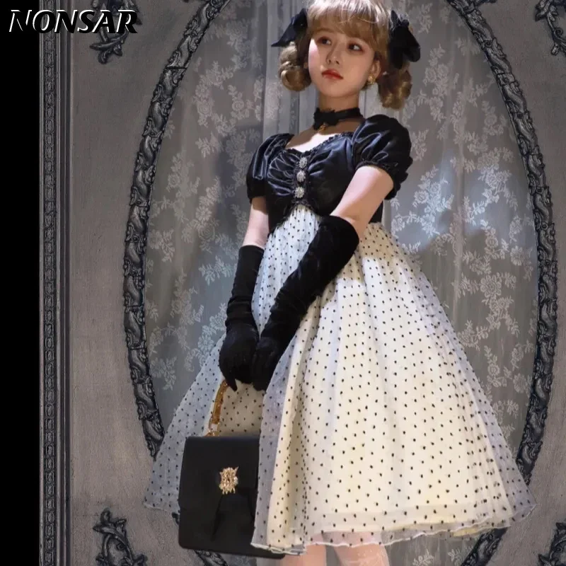 

NONSAR Lolita Short-Sleeved Dress French Retro Polka Dot Plant Velvet Water Jade Elegant Dress For Women