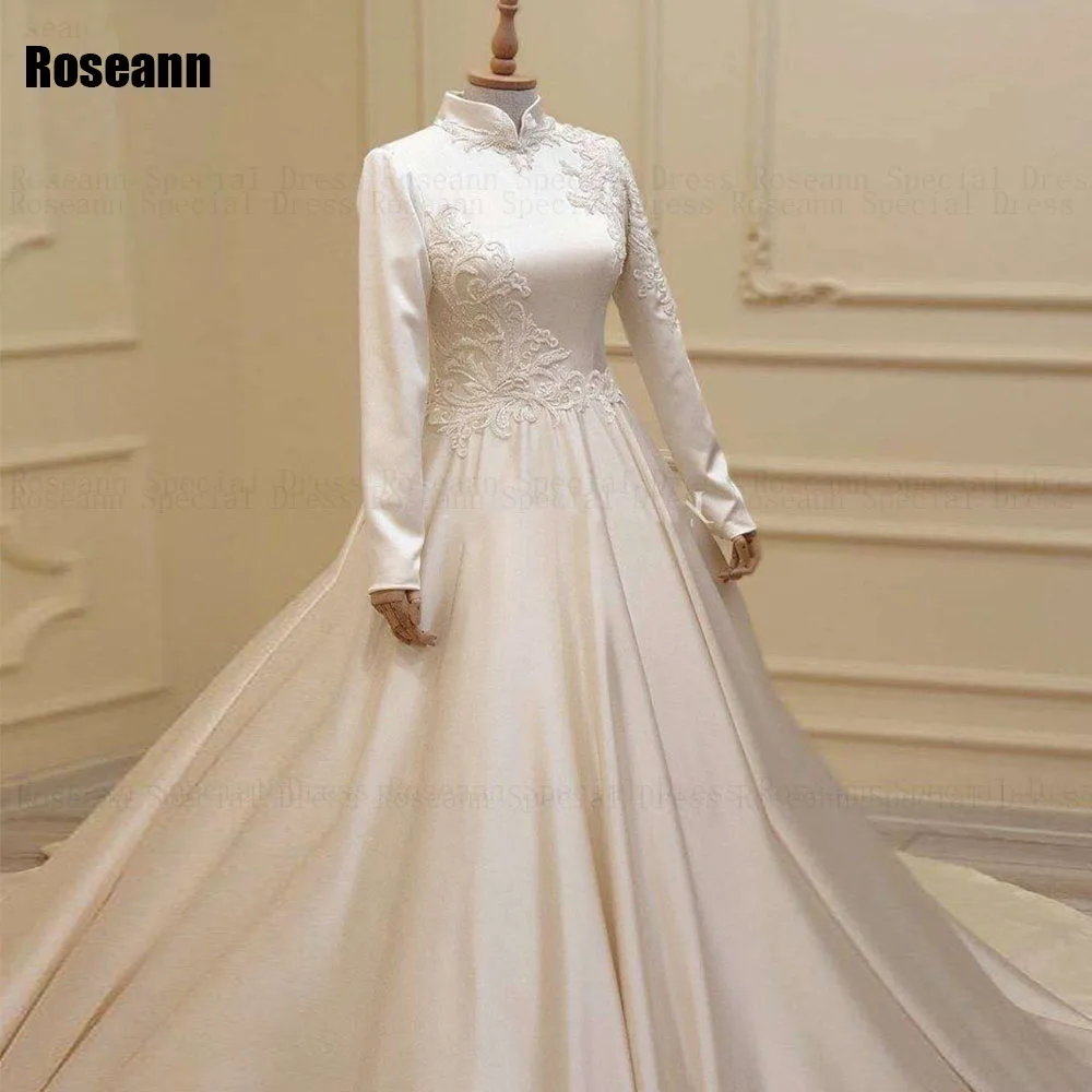 Muslim High Collar A-line Wedding Dresses Full Satin Applique Draped Pleat Floor Length Bride Dress Brush Train robe de mariée 6