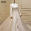 Muslim High Collar A-line Wedding Dresses Full Satin Applique Draped Pleat Floor Length Bride Dress Brush Train robe de mariée 6