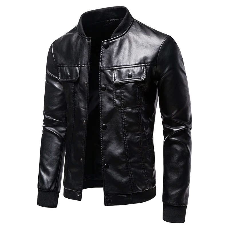 PU Jacket Men's Motorcycle Stand Collar Slim Casual Men's Double Pocket Zipper Cardigan Men's Clothing blouson cuir homme