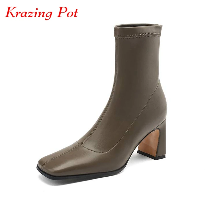 

Krazing Pot Microfiber Square Toe Thick High Heels Stretch Boots Winter Shoes Causal Daily Wear Sexy Stovepipe Basic Ankle Boots