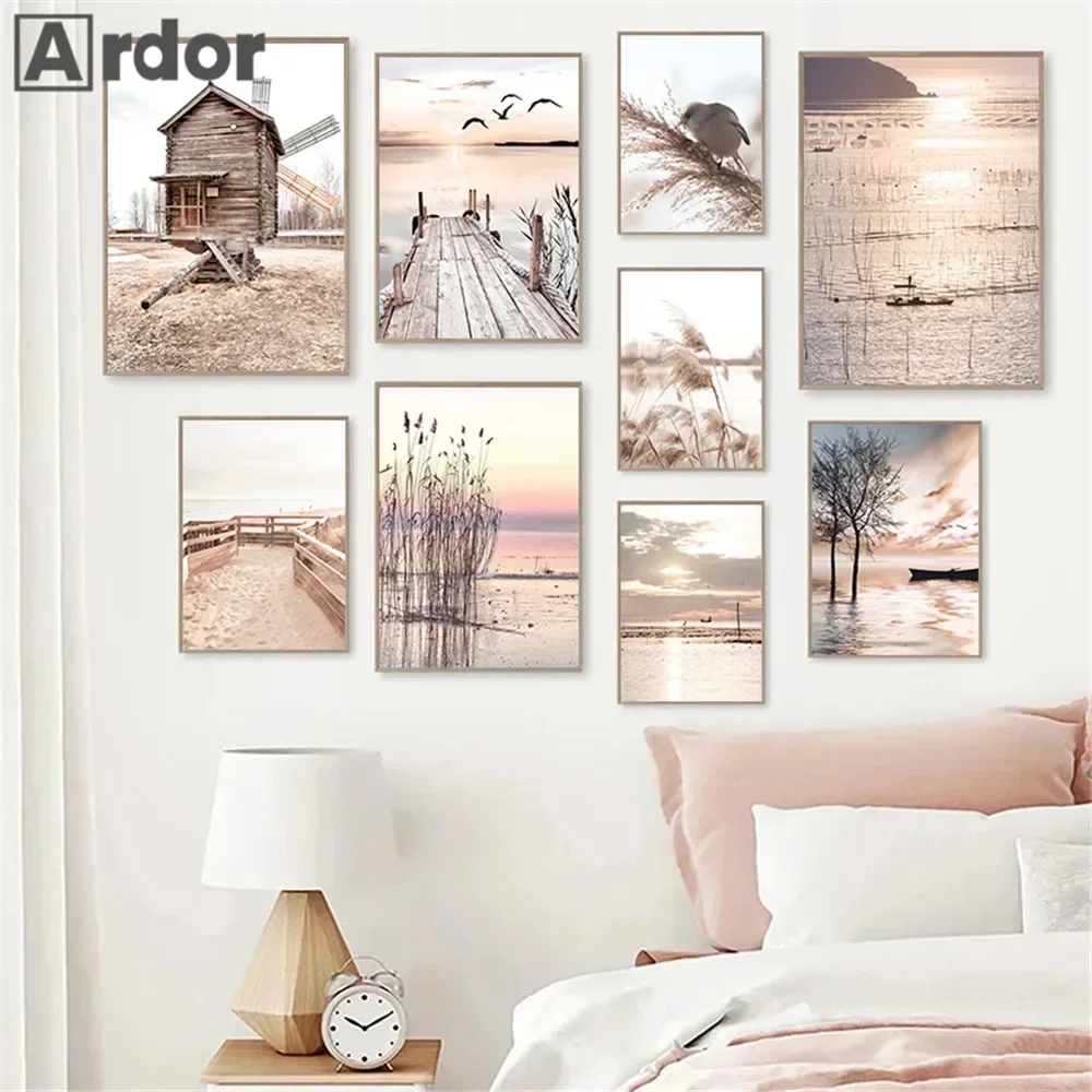 

Canoe Hut Posters Sunset Print Pictures Reed Canvas Painting Bridge Art Prints Lake Poster Nordic Wall Paintings Home Decoration